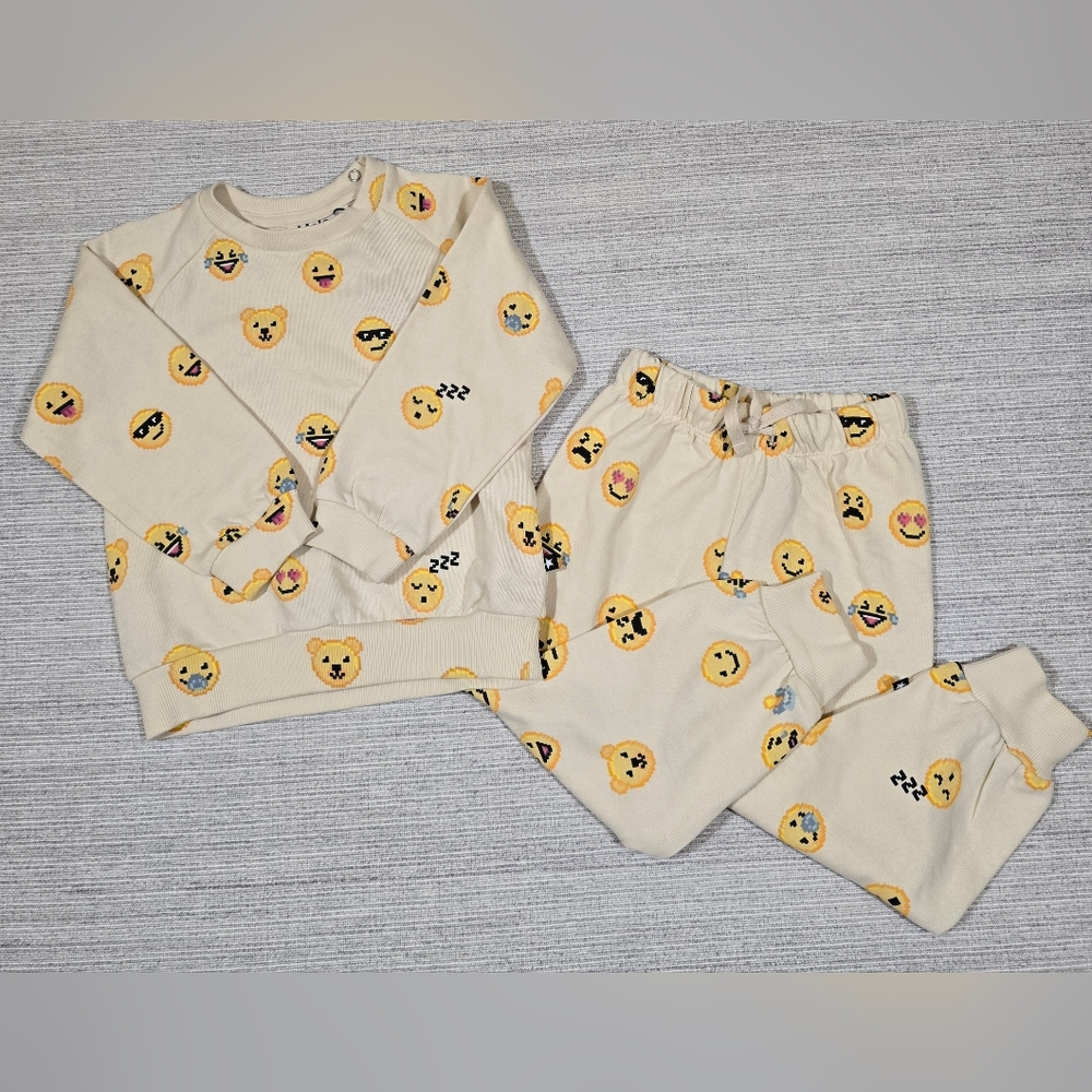 Molo Kids Happy Pixels Sweatshirt & Jogger Set Sz 92 18M-2Y Organic Cotton Emoji
